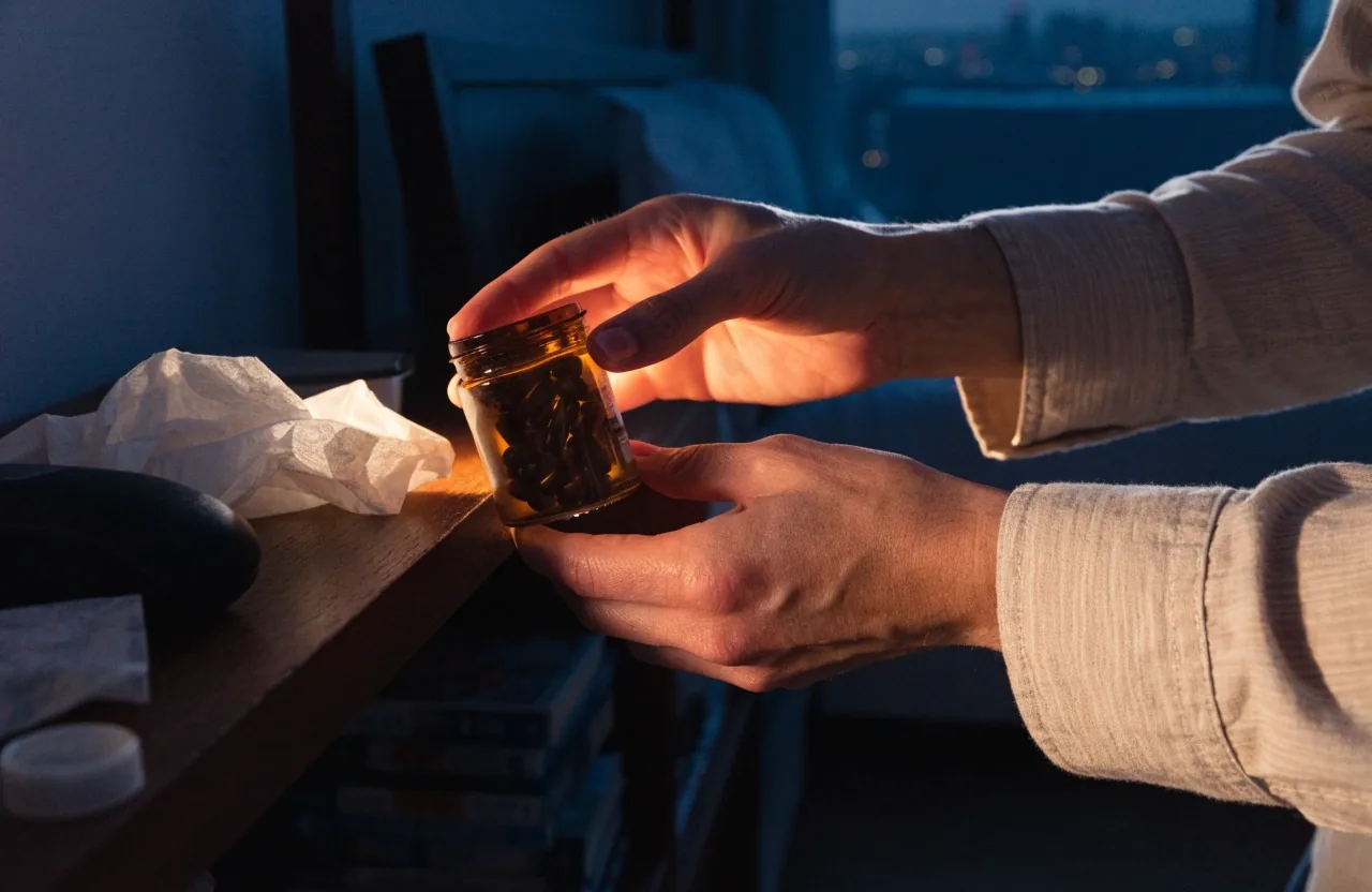 Hands lifting an unlabelled amber supplement jar from a dark bedside shelf under a warm lamp