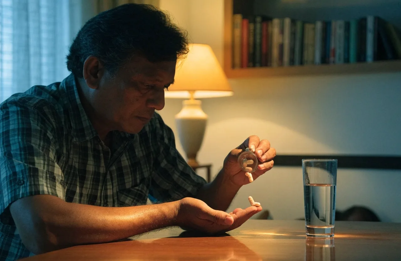 Open hands holding a small handful of plain capsules beside a glass of water under warm lamp light