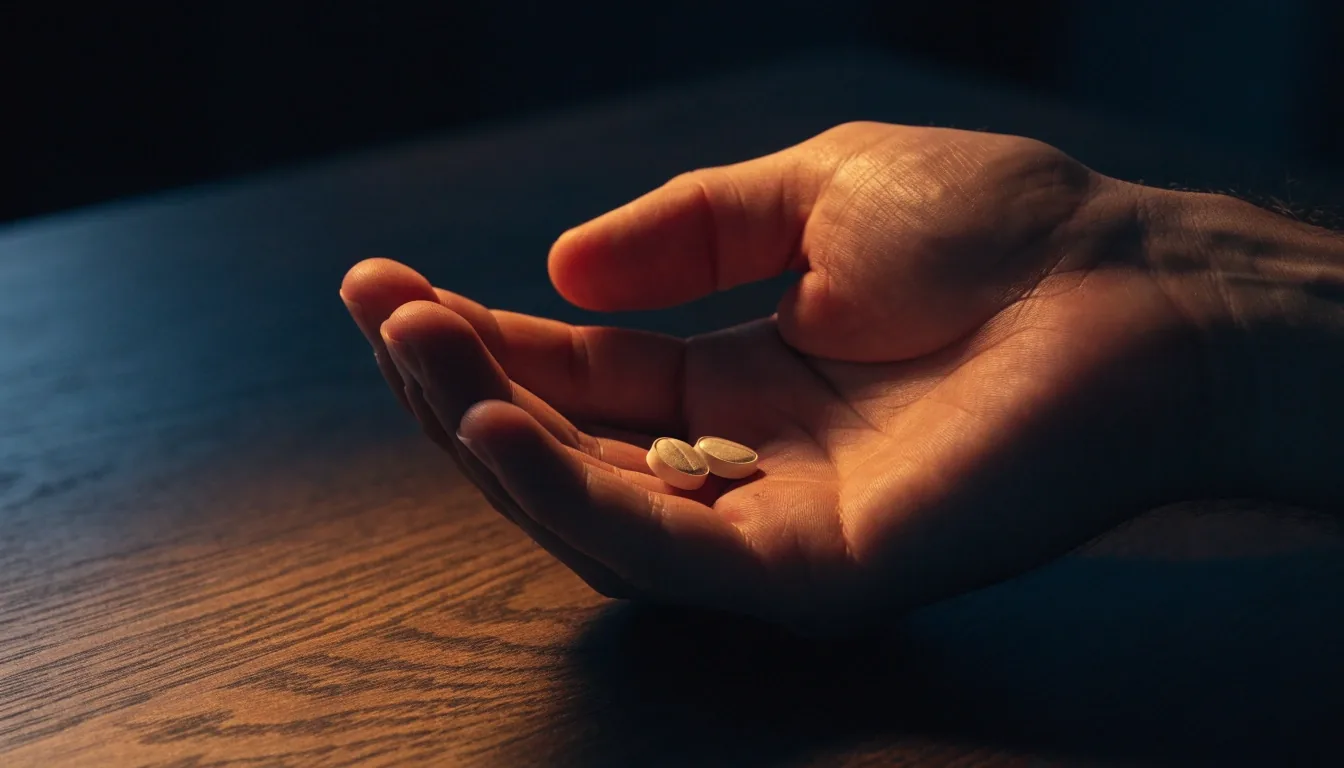 A jar of capsules and a glass of water on a dark bedside table, lit by one warm lamp