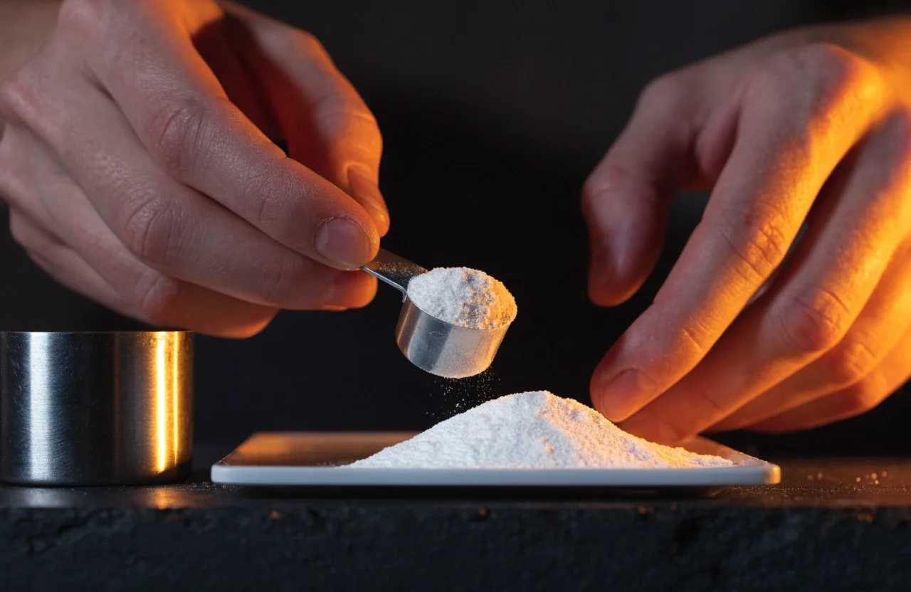 Hands tipping loose supplement powder onto a matte weighing tray beside a shaker under a single warm lamp