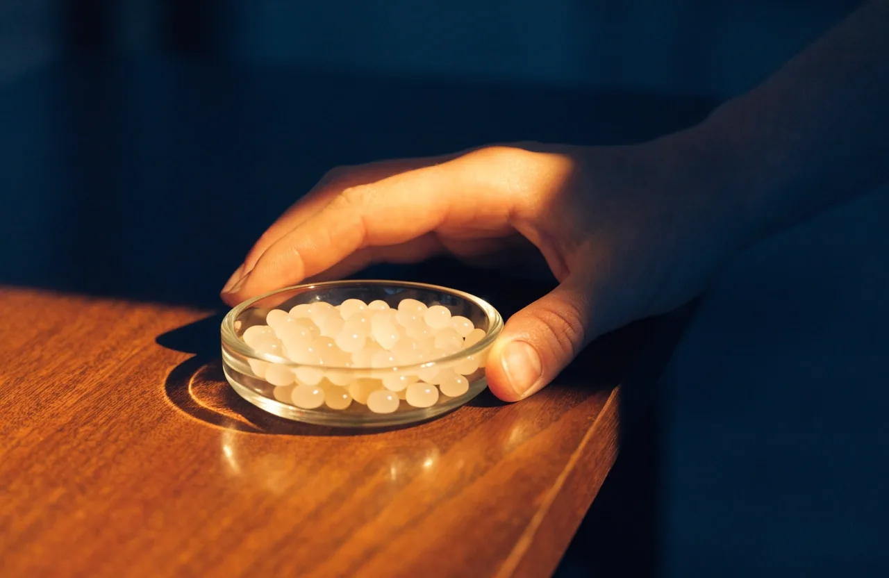 Macro of a single capsule on a matte concrete slab under one warm light from the left