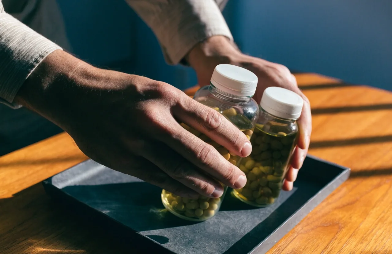 Two unlabelled supplement bottles of different sizes on a matte tray in warm early light