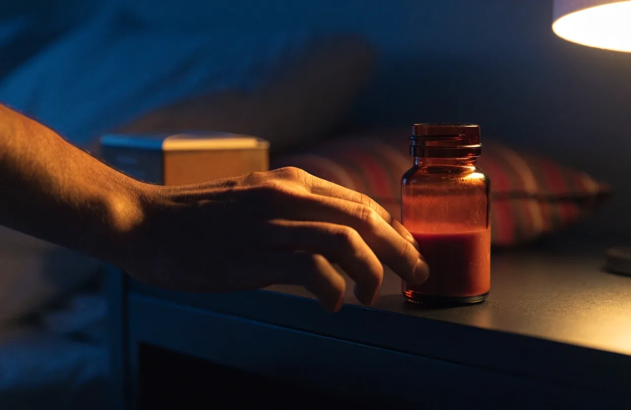 Unlabelled supplement bottles and a glass of water on a dark bedside tray lit by one warm lamp