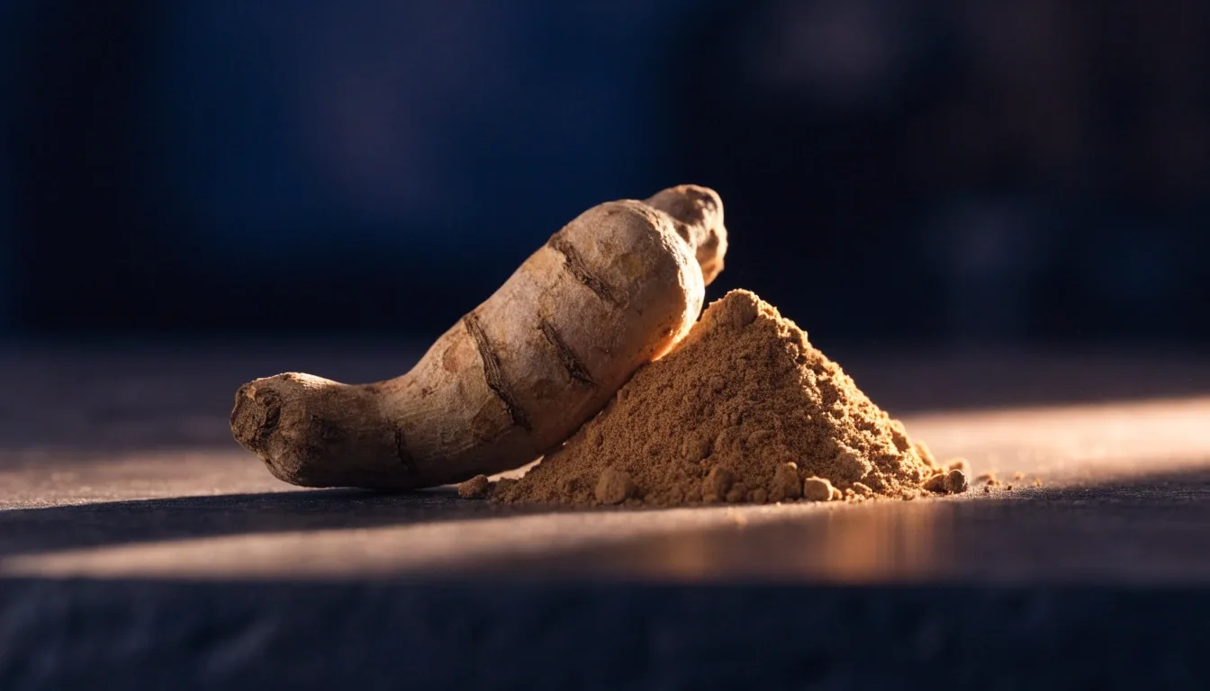A dried maca root and a small pile of root powder on a dark stone counter under warm light