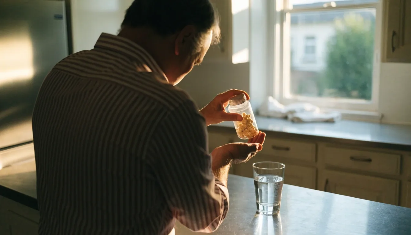 A man's hands tipping broad multivitamin capsules from an unlabelled bottle onto a dark counter