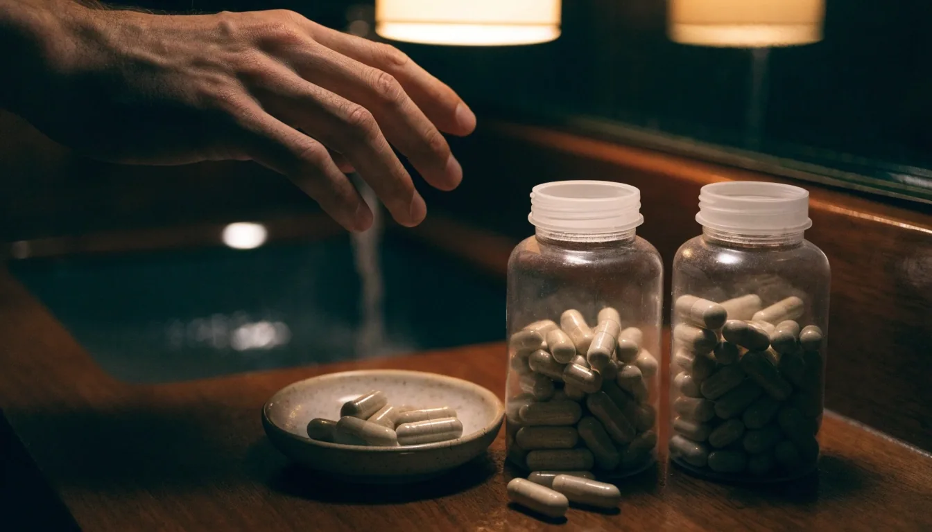 Open unlabelled supplement bottles, a glass of water and loose capsules on a dark bedside tray at night