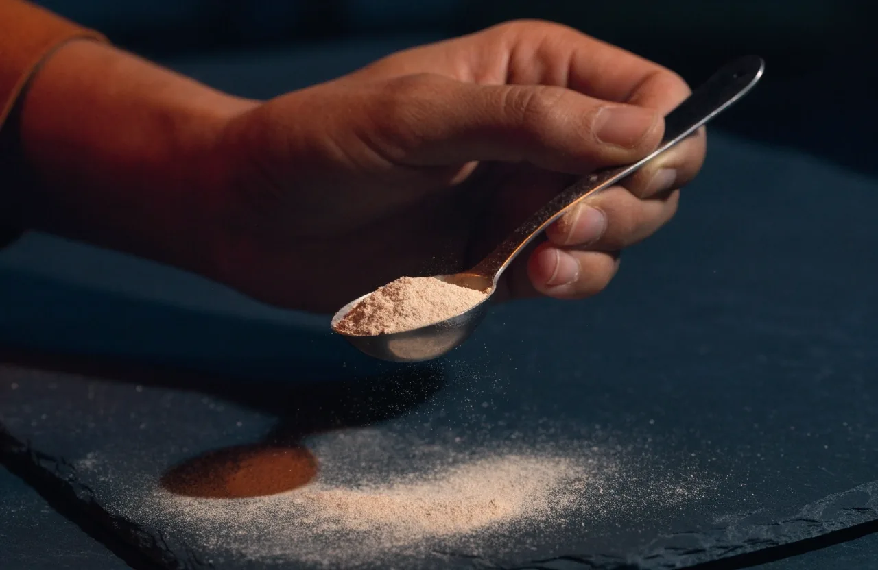 Fine mineral powder on a weighing scale under a warm desk lamp at night