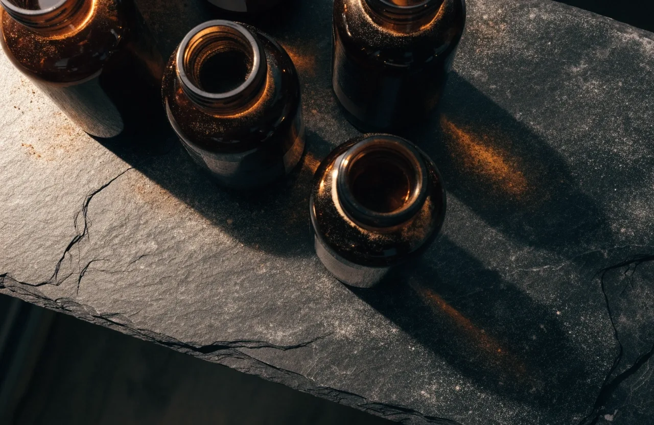 Unlabelled supplement bottles on a dark counter under one warm light before sunrise
