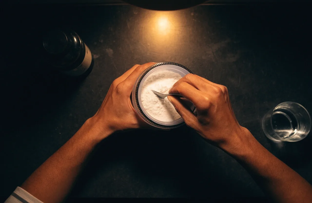 Hands mixing a scoop of powder into a shaker on a dark counter under warm light