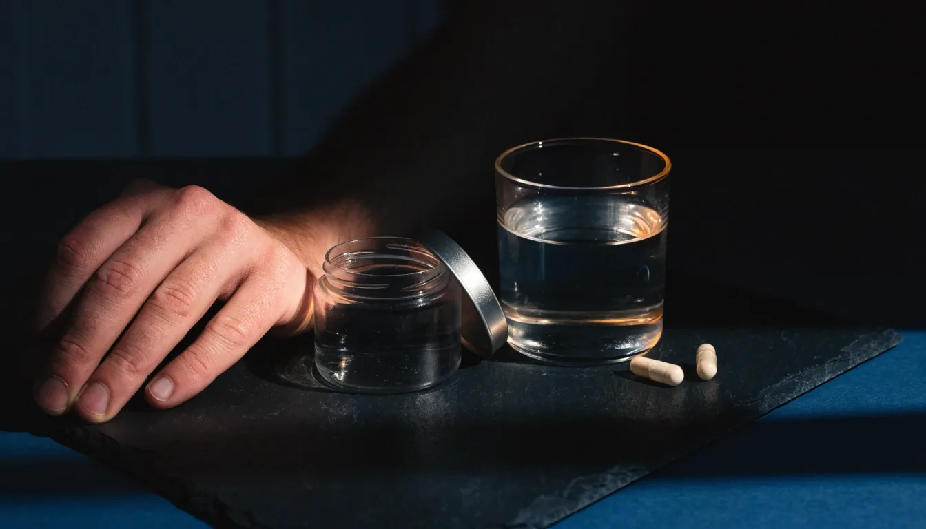 An open supplement jar, a glass of water and a few loose capsules arranged on a dark bedside tray lit by one warm lamp